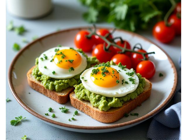 Mias brunch blasta le uibheacha, tósta, agus avocado