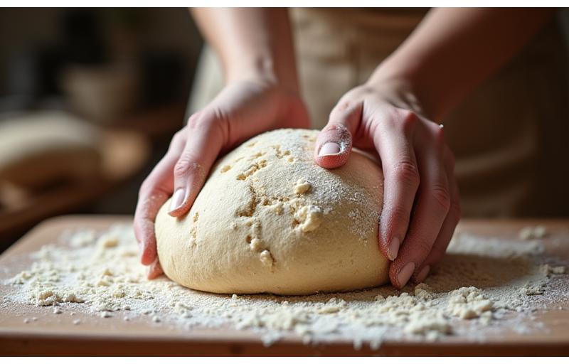 Lámha ag obair le taos sourdough ar chlár gearrtha