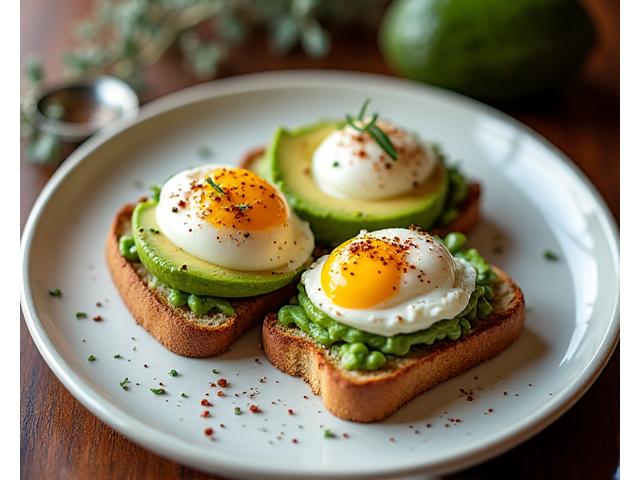Pláta brunch deireadh seachtaine go hálainn curtha i láthair, le huibheacha Benedict ar thósta artisanal, avocado, agus roinnt sprouts. Solas nádúrtha te ag soilsiú an mhias.