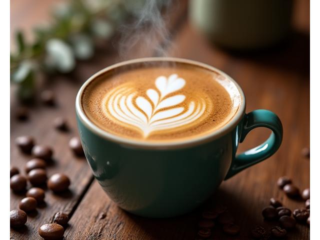 Cupa caife te lán le latte art ar bhord adhmaid, le pónairí caife scaipthe ina thimpeall.