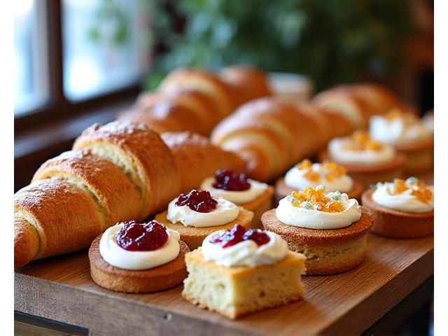 Rogha taosráin artisanal freshly baked, lena n-áirítear croissants, scones le subh agus uachtar, agus cácaí sliceáilte go hálainn, ar taispeáint ar chuntar adhmaid cafe.
