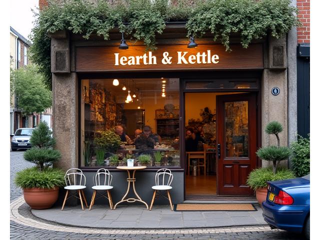 Bia seachtrach de Hearth & Kettle, caife teolaí le comhartha adhmaid agus plandaí crochta