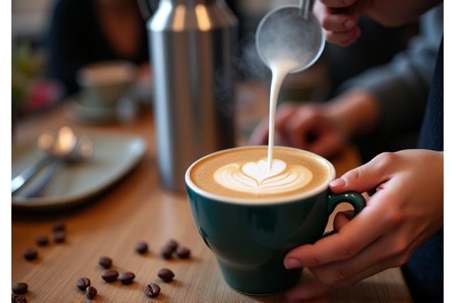 Fear ag cruthú ealaín latte go cúramach leis an galóir
